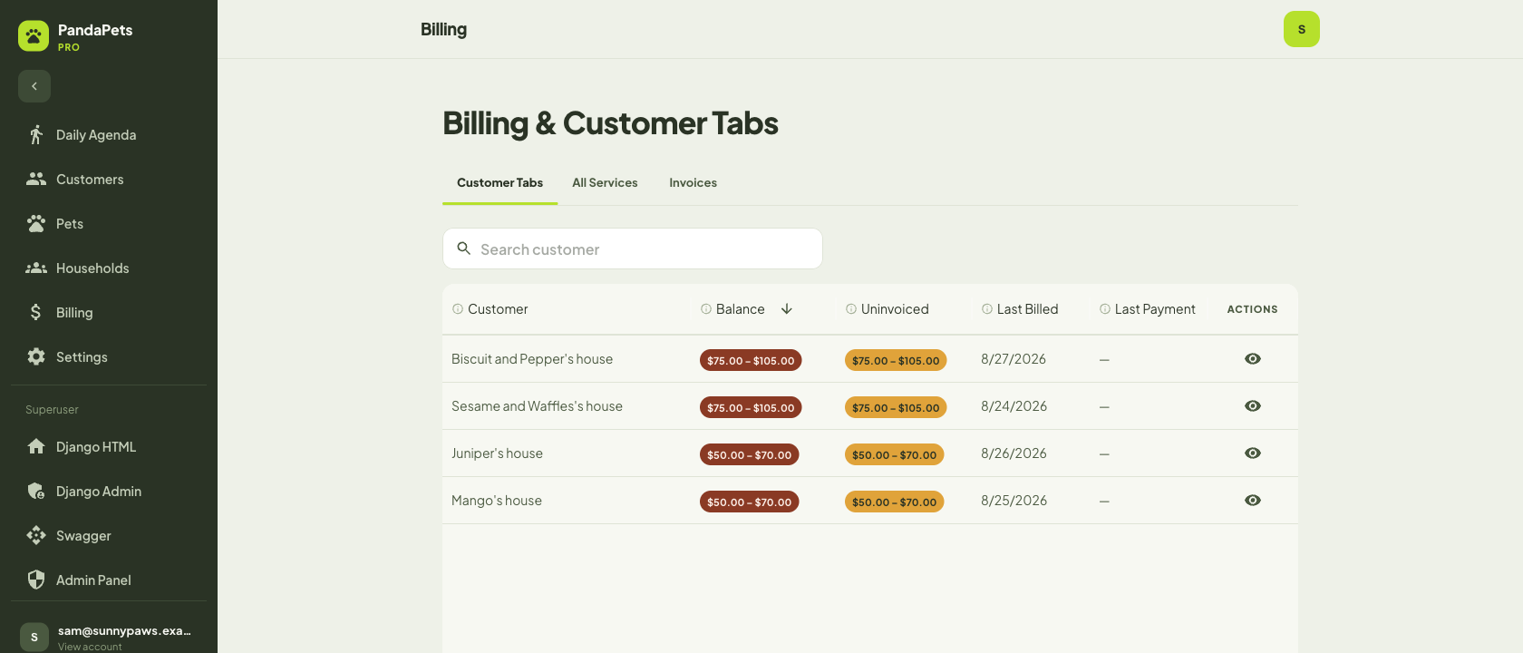 The billing screen, listing each household with its running balance and what is still uninvoiced.